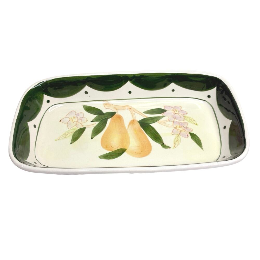 Vintage Stoneware White Pear Fruit Serving Dish Scalloped Detail 9.5"x 5.25"